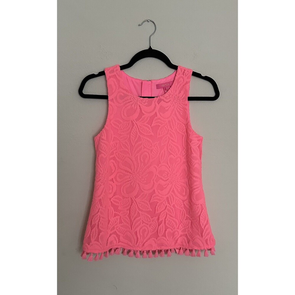 Lilly Pulitzer Maybelle Top SZ XXS Pink Floral Lace Tassel Fringe Sleeveless EUC - Picture 4 of 16